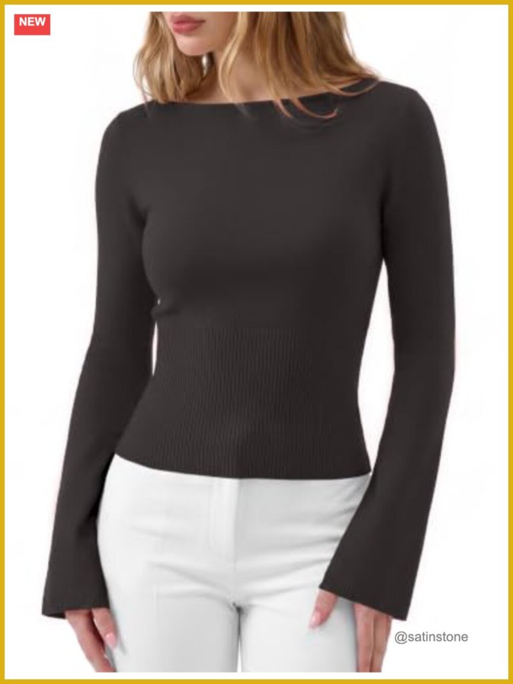 Cashmere Blend Cinched Waist Bell Sleeve Boat Neck Knit Sweater Top